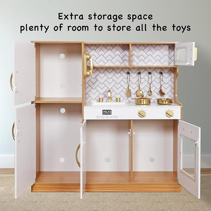 Wooden Play Kitchen Toy Set with Light, Kids Children Pretend Toy Kitchen Playset, Sink Play Toy Oven with Microwave,Toddler Cooking Set Toy for Ages 3+