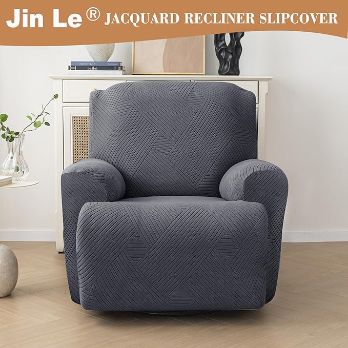 Jin Le Newest Recliner Chair Covers 4 Pieces Lazy Boy Recliner Covers for Recliner Chair Jacquard Reclining Chair Cover Stay in Place with 2 Pockets-Dark Gray
