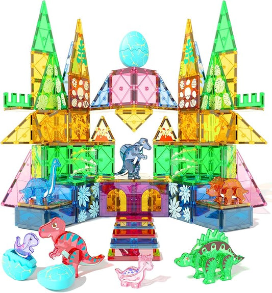 105 Pcs Dinosaur Egg Magnetic Tiles Set - 2 Eggs, 2 Baby Dinos & 5 Large Dinosaurs Toys for Kids 3-5, Magnet Building Blocks for Toddlers 1-3 & Kids Ages 4-8