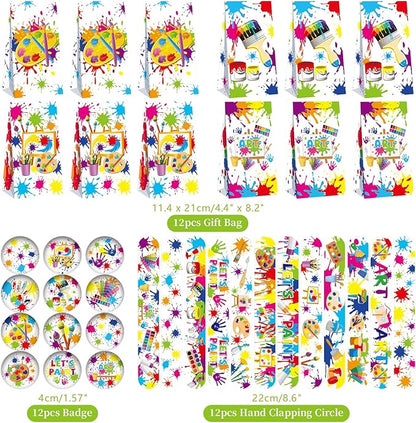 121PCS Art Party Favors Set, Paint Party Favors for Kids, 49 Stickers, 12 Tattoo Stickers, 12 Button Badges, 12 Mini Notepads, 12 Slap Bracelets, 12 Keychains, 12 Goodie Bags for Boys Girls Painting