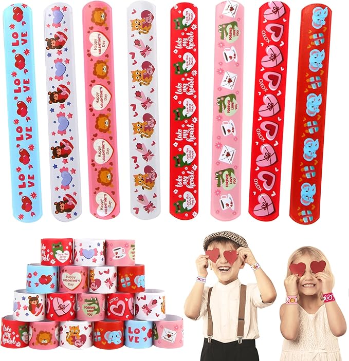 CCINEE 48PCS Valentine's Day Slap Bracelets, Assorted Heart Animal Printed Slap Wristbands Valentine Cartoon Snap Bands for Kids School Classroom Exchange Gifts Party Favor