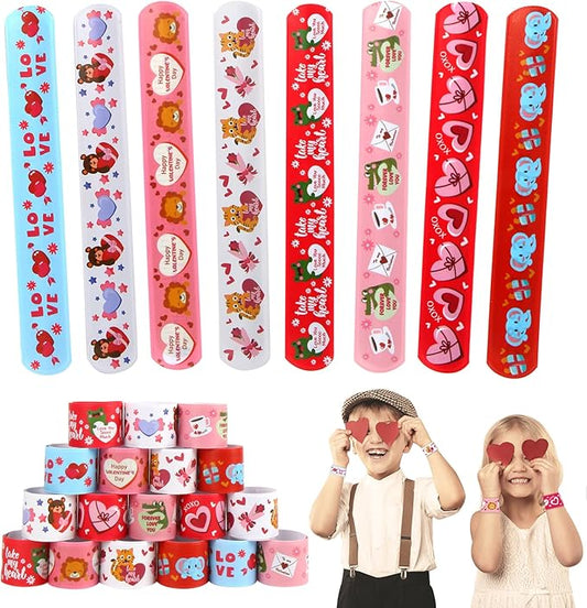CCINEE 48PCS Valentine's Day Slap Bracelets, Assorted Heart Animal Printed Slap Wristbands Valentine Cartoon Snap Bands for Kids School Classroom Exchange Gifts Party Favor