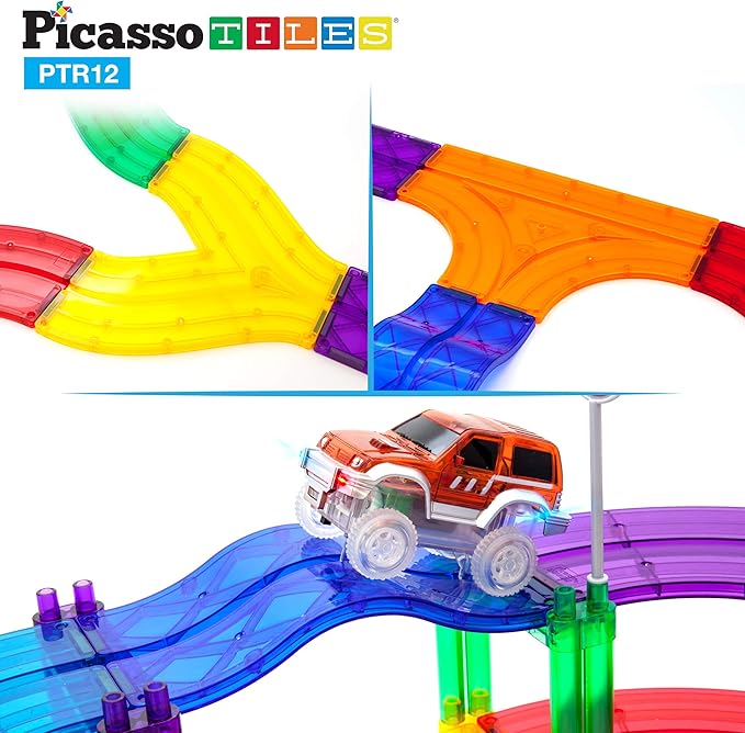 PicassoTiles 12 Piece Race Track Add-On Magnetic Building Block Set Magnet Tiles Construction Toy STEM Learning Kit Early Education Kids Toys Playset Pretend Play Blocks Child Brain Development PTR12
