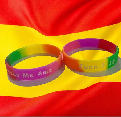Spanish Jesus Loves, Me Jesus Me Ama, Juan 3:16, Religious Inspirational Christian Rubber Silicone Bracelets Small Spanish Party Favors Spanish Wristband Bulk (50 Count)