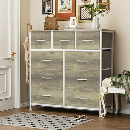 Sweetcrispy 9 Drawer Fabric Dresser Storage Tower with Wood Top and Steel Frame, Organizer Chest with Easy Pull Handles for Bedroom, Closet, Hallway,Oak Greige