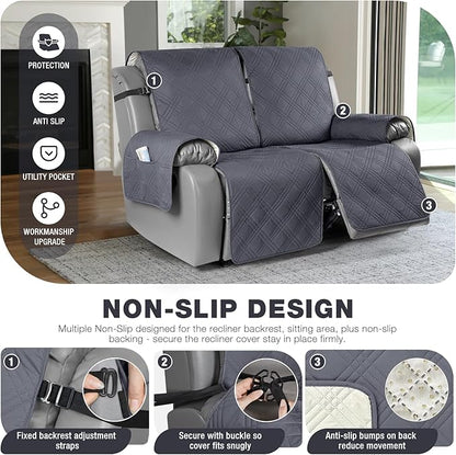 TAOCOCO 100% Waterproof Oversized Loveseat Recliner Cover, Non Slip Split Recliner Couch Covers for 2 Cushion Couch with Elastic Straps for Pets Kids(Oversized 2 Seater, Dark Grey)