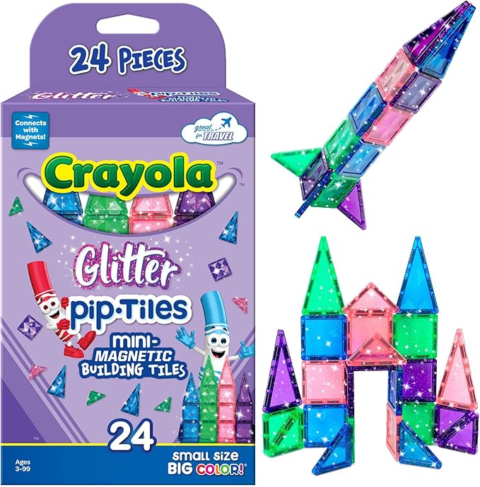CreateOn Crayola Mini Magnetic PIP-Tiles, Building Set for Kids, Magnetic Building Easter Toys for Kids, STEM Travel Toys for Boys and Girls Ages 3+, 24-Piece Set (Glitter)
