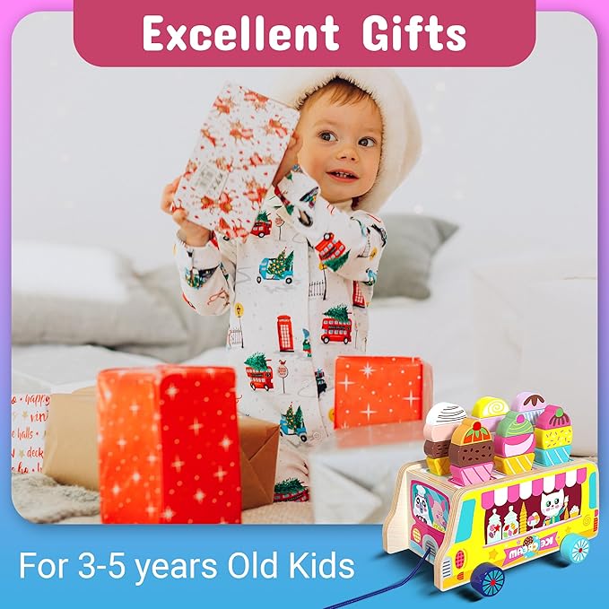 Tamy&Zee Wooden Ice Cream Truck, 27 pcs Magnetic Ice Cream Pretend Play Food & Accessories, Montessori Sorting & Stacking Toys for Toddler Girls & Boys Age 3+…