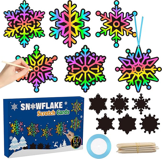 CY2SIDE 60PCS Snowflake Color Scratch Cards Gift Set for Kids DIY Winter Snowflake Hanging Scratch Cards for Kids Snowflake Magic Art Rainbow Color Craft Kit for Winter Christmas Party Favors