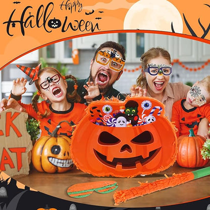 Jenaai 50 Pcs Halloween Piñatas Party Favors Include Large Piñatas with Blindfold Slap Bracelets Paper Eyeglasses Glow in the Dark Stickers and Stamper Halloween Party Supplies(Pumpkin)