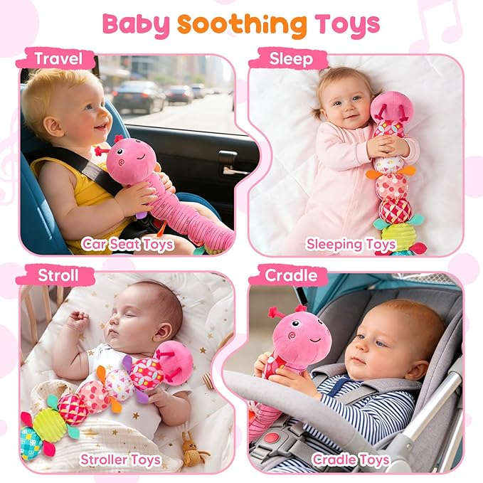 Baby Toys Musical Caterpillar, Infant Stuffed Animal for 0-6 6-12 Months with Crinkle and Rattles, Tummy Time Sensory Toys Newborn Boys Girls Gifts 0 3 6 9 12 Months - Pink