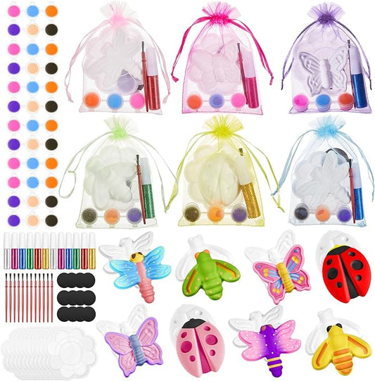 60 Pcs Plaster Painting Party Favors for Kids Birthday Party Supplies Animal Crafts for Kids DIY Painting Statues with Magnet Brushes Palette Organza Bag for Art Favor Bags