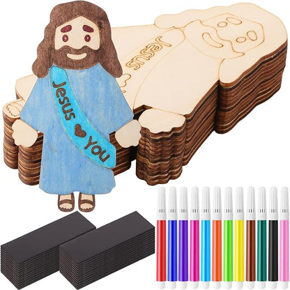 Blueweenly 24 Sets DIY Wood Jesus Figure Crafts Magnet for Kids Sunday School Vacation Bible School Craft Color Your Own Jesus Loves You Magnet with Magnets and Color Pens for Activity Easter