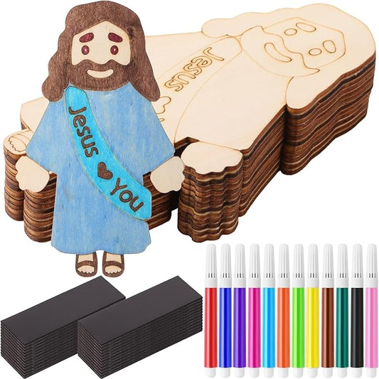 Blueweenly 24 Sets DIY Wood Jesus Figure Crafts Magnet for Kids Sunday School Vacation Bible School Craft Color Your Own Jesus Loves You Magnet with Magnets and Color Pens for Activity Easter