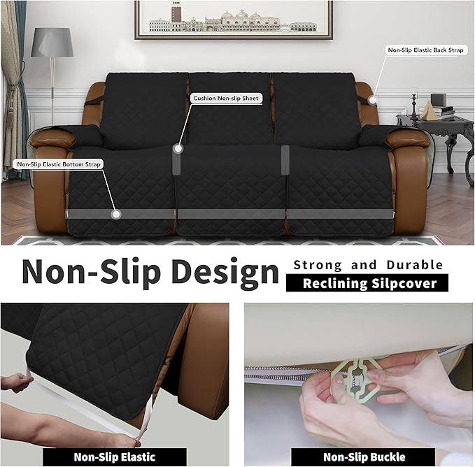 Easy-Going Recliner Sofa Cover, Reversible Couch Cover for 3 Seat Recliner, Split Sofa Cover for Each Seat, Furniture Protector with Elastic Straps for Kids, Dogs, Pets(3 Seater, Black/Beige)