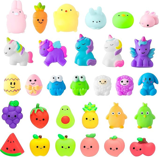 WATINC 30Pcs Easter Mochi Squeeze Toys for Easter Party Favor, Soft Kawaii Easter Bunny Chick Colorful Fruit Rabbit Stress Relief Hand Toys Fidget Toy, Birthday Gift for Kids, Easter Party Supplies