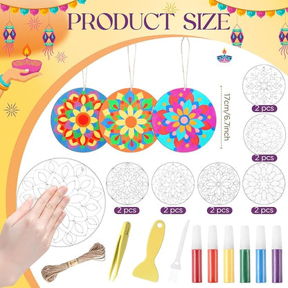 12 Pcs 7 Inch Wooden Mandala Sand Arts Rangoli Mandala Sand Art with 6 Colorful Sand Art Mandala DIY Coloring Kit for Indian Festivals Gifts Diwali Party Decor Supplies