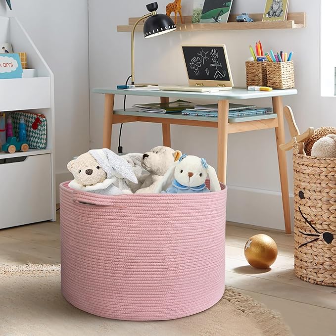 MEGASKET Extra Large Pink Basket, 22"x22"x14" Woven Cotton Rope Bin with Handles, Blanket Storage for Living Room, Baby Kids Toy Storage Bin Box, Wicker Laundry Basket, Pink Room Decor Organizing
