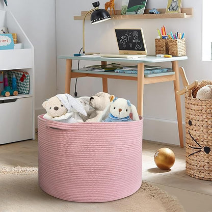 MEGASKET Extra Large Pink Basket, 22"x22"x14" Woven Cotton Rope Bin with Handles, Blanket Storage for Living Room, Baby Kids Toy Storage Bin Box, Wicker Laundry Basket, Pink Room Decor Organizing
