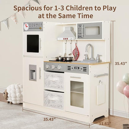 Play Kitchen Pretend Wooden Kids Kitchen Playset Toy Kitchen with Real Sound & Light and Toy Storage System and 12 Pcs Toddler Kitchen Accessories, for Boys and Girls Ages 3+,White Grey