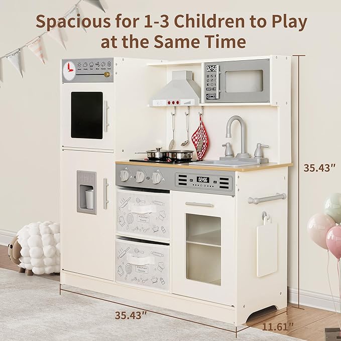Play Kitchen Pretend Wooden Kids Kitchen Playset Toy Kitchen with Real Sound & Light and Toy Storage System and 12 Pcs Toddler Kitchen Accessories, for Boys and Girls Ages 3+,White Grey