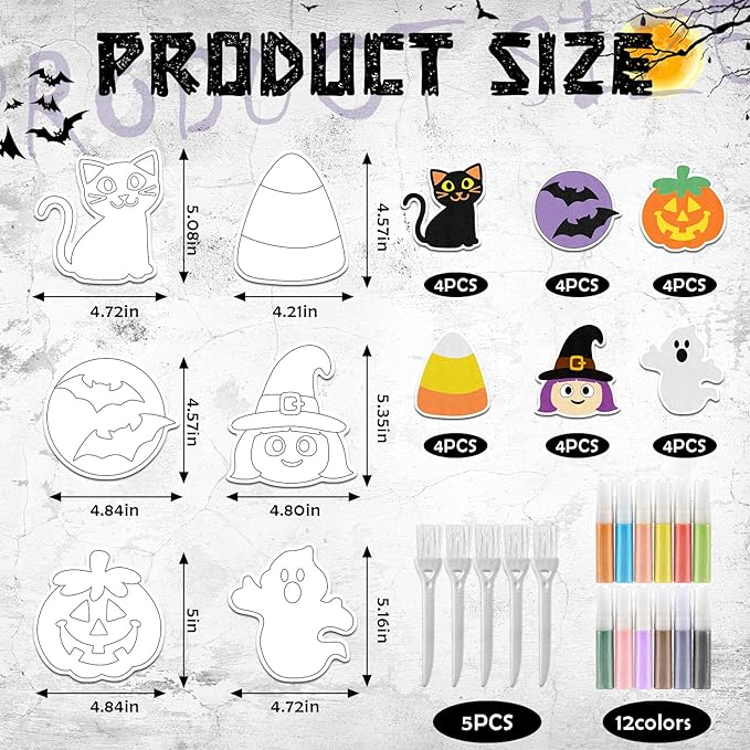 24 Sets Halloween Sand Art Craft Kit for Kids Halloween Pumpkin Candy Ghost Witch Cat Bat Painting Kit with Colored Sand Brushes Create Your Own Sand Art for Halloween Party Fun Activities