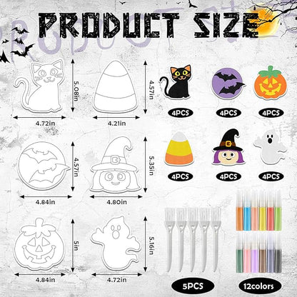 24 Sets Halloween Sand Art Craft Kit for Kids Halloween Pumpkin Candy Ghost Witch Cat Bat Painting Kit with Colored Sand Brushes Create Your Own Sand Art for Halloween Party Fun Activities