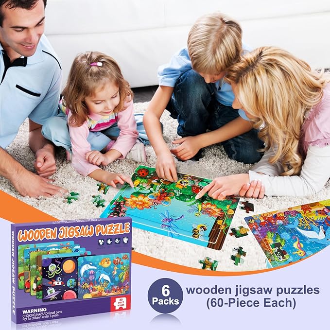 Roberly Wooden Puzzles for Kids Ages 4-8, 60 Pieces Jigsaw for Kids 3 4 5 6 7 8 Preschool Learning Educational Puzzle Toys Set for Boys Girls - Dinosaur, Ocean, Animal, Insect, Space, Vehicles