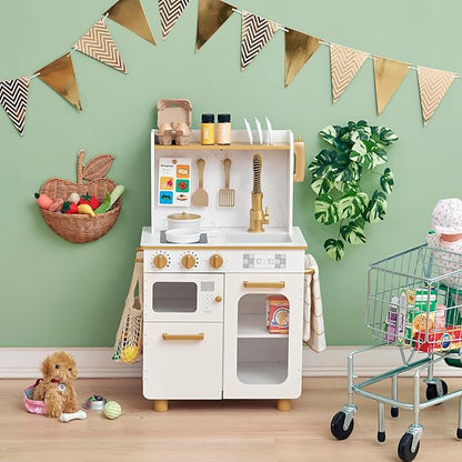 Teamson Kids Little Chef Memphis Wooden Play Kitchen with Interactive, Realistic Features, and 16 Kitchen Accessories for 3yrs and up, Light Oak/Faux White Marble/Gold