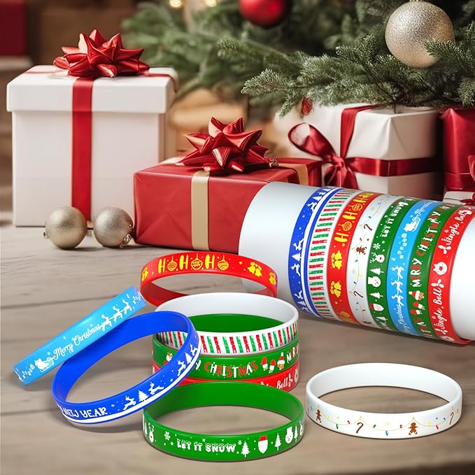 NEBURORA 48pcs Christmas Wristband Silicone Bracelets for Kids 8 Style Xmas Pattern Rubber Wristband Wrist Band Bulk for Merry Christmas Classroom Gifts Theme Party Decor Supplies Favor