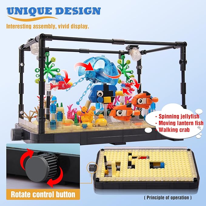 Fish Tank Building Block, Lighting Aquarium Building Sets for Adults and Kids Including Ocean Jellyfish, Dolphin, Turtle, Crab, Animal Building Toys for Boys Age 8-12, 725pcs
