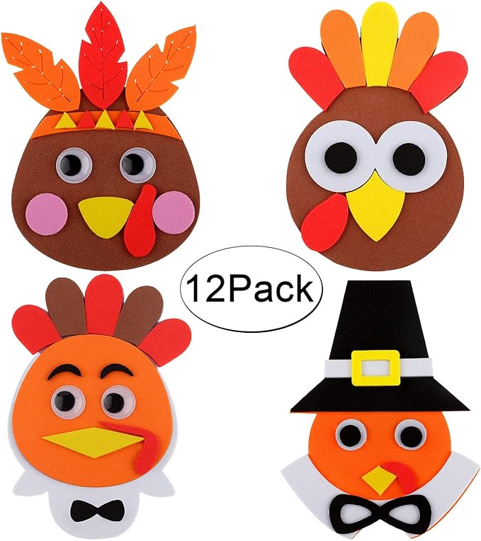 12 Pieces Thanksgiving Turkey Head Magnet Craft Kit Self-Adhesive DIY Turkey Craft Kit Festive Fall Thanksgiving Party Game School Home Activities and Refrigerator Decoration Supplies for Kids Adults