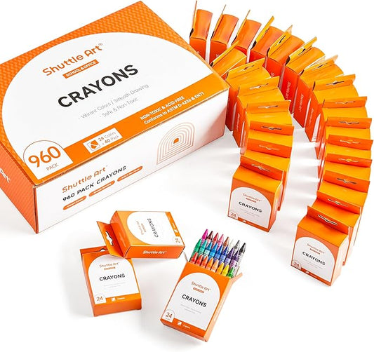 Shuttle Art Crayons Bulk Set - 40 Boxes of 24 Assorted Colors, 960 Count Durable & Non-Toxic Teacher-Quality Crayons, School Supplies bulk in Crayons For Family Class Party Favors