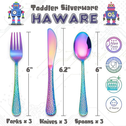 HaWare 9-Piece Toddler Kids Silverware Set, Stainless Steel Hammered Flatware, Preschooler Eating Utensils Includes 3 Spoons 3 Forks 3 Knives, Metal Children Cutlery for Home School, Mirror Finished