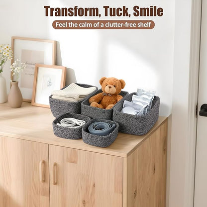 5-Pack Small Woven Rope Storage Baskets – 2 Sizes Organizer Bins for Closet, Shelf, Bookshelf, Nursery, Changing Table, Fabric Cube Boxes, Rectangular Shallow Bins for Bathroom, Toy & Home
