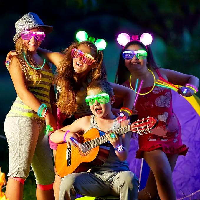 Mocoosy 103Pcs Glow in the Dark Party Supplies, Light Up Party Favors for Kids LED Neon Toys Bulk Party Pack With Glow Sticks,Led Glasses,Light Up Bracelets,Finger Lights,Jelly Rings and Headbands