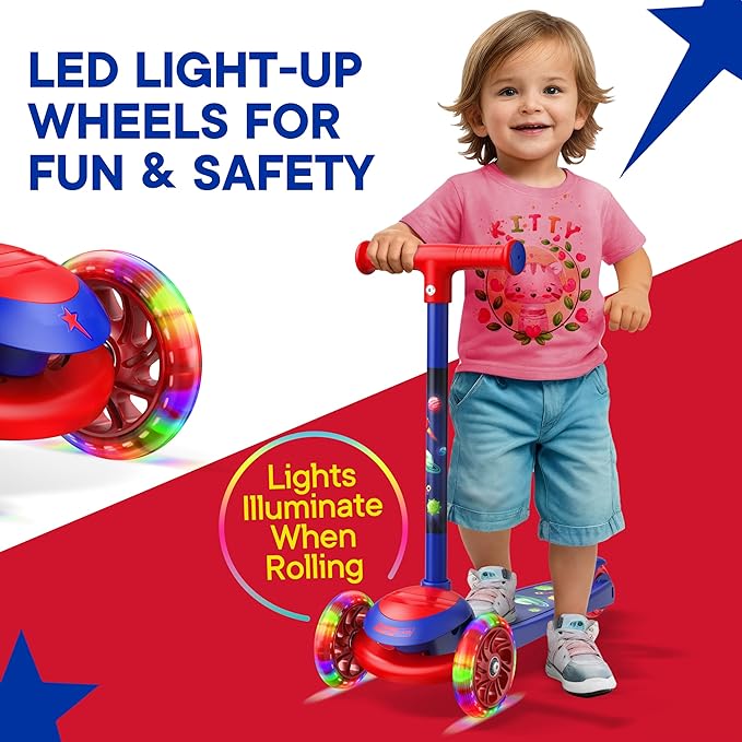 3 Wheel Scooter for Kids, Smooth Light Up LED Front Wheels, Wide Anti Slip Deck, Rear Foot Brake, Easy Lean to Steer Maneuvering, Indoor & Outdoor Ride On Toys for Ages 2 Up,