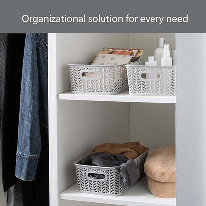 Simplify Small Herringbone Bin | Storage Tote Basket | Organizer | Decorative | Good for Closets | Countertops | Desks | Dressers | Accessories | Cleaning Products | Sports Equipment | Toys | Grey