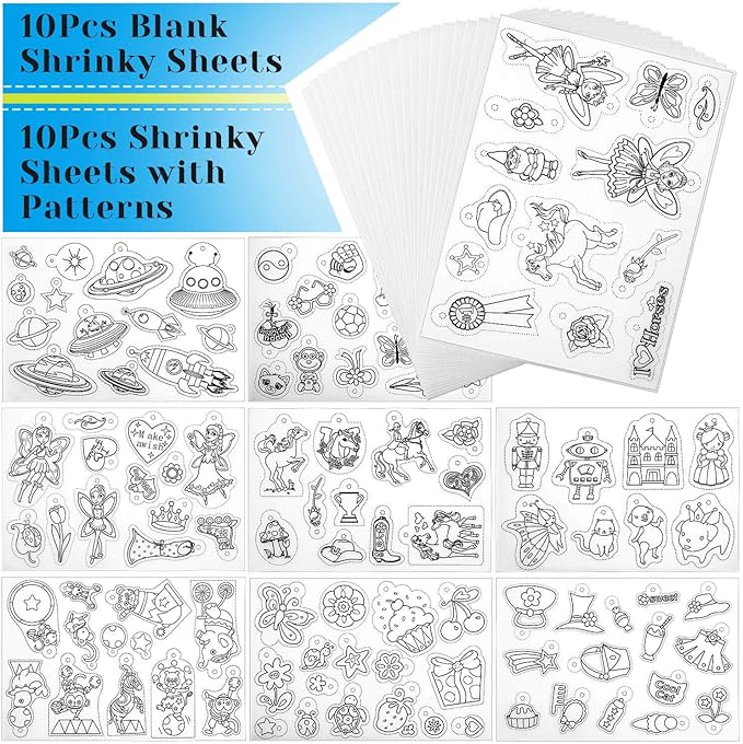 shynek 205 Pieces Shrinky Art Keychain Kit, Include 20 Pcs Shrinky Plastic Sheet and 185 PCS Keychain Accessories for Creative Art Craft