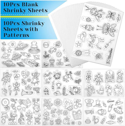 shynek 205 Pieces Shrinky Art Keychain Kit, Include 20 Pcs Shrinky Plastic Sheet and 185 PCS Keychain Accessories for Creative Art Craft