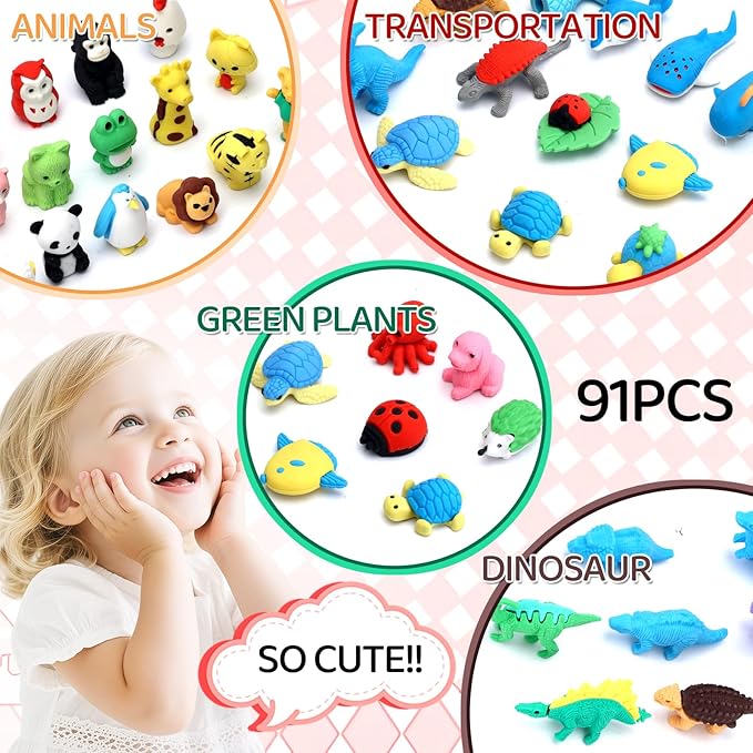 URSKYTOUS 91Pcs Animal Erasers Desk Pets for Kids Animal Pencil Erasers Bulk Puzzle Eraser Toys Gifts for Classroom Prizes,Game Reward,Treasure Box,Easter Egg Fillers,Goodie Bag Stuffers,Party Favors
