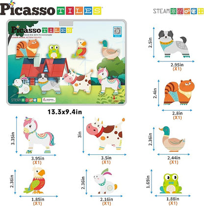 PicassoTiles Magnet Tile Building Blocks 8 Magnetic Farm Animal Action Figures Characters Construction Tiles Compatible Pretend Play Preschool Toy STEM Education Learning Girls Boys Ages 3+ PTA27