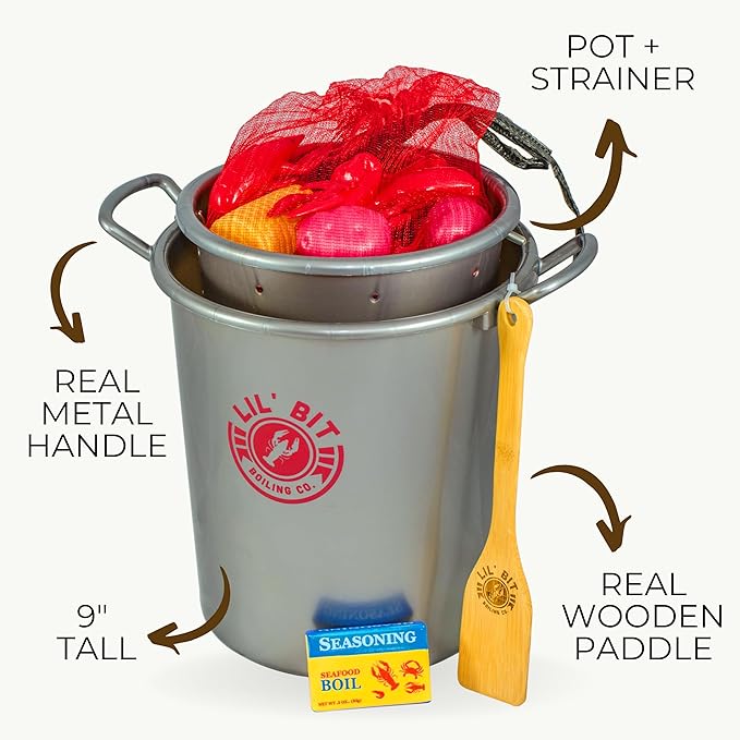 Lil' Bit Boiling Co. Kids Louisiana Shrimp Boil Playset - Toy Food Kitchen Set for Children with Pot, Strainer, Wooden Paddle and Accessories