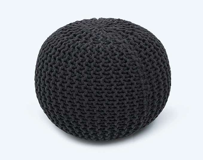 The Home Talk Poufs Ottoman - Home Décor Cord Pouffe for Couch 100% Cotton Hand Knitted Floor Chair - Small Foot Stool for Living Room, Nursery, Patio, Lounge, 18"x18"x14" - Dark Grey