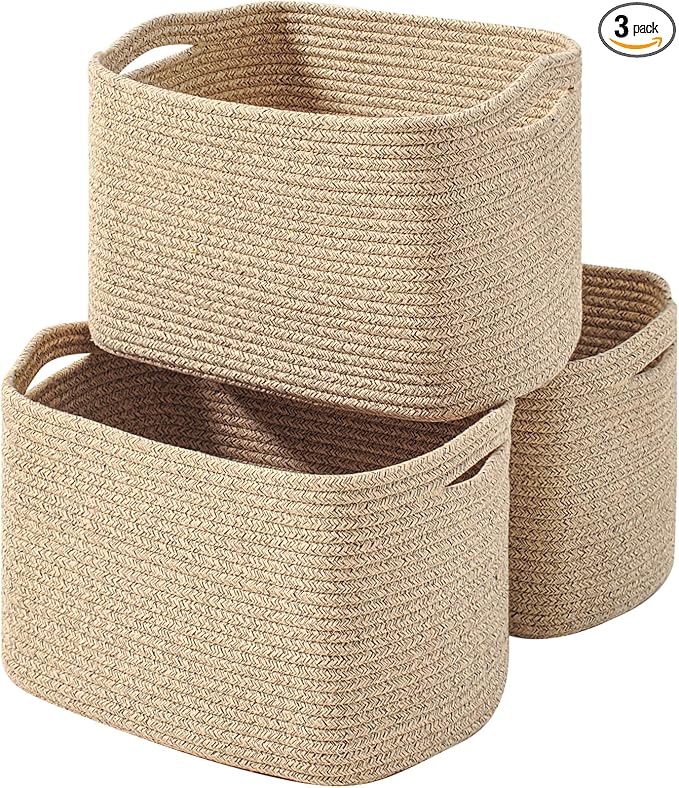 ICERZCZ Decorative Storage Baskets for Organizing Shelves, Toy Basket for Nursery, Woven Cotton Rope Baskets for Decor, Towel Basket for Bathroom, 15"x11"x9.5", 3 Packs, Brown