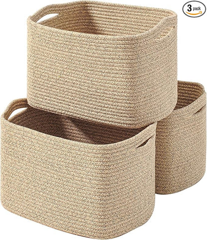 ICERZCZ Decorative Storage Baskets for Organizing Shelves, Toy Basket for Nursery, Woven Cotton Rope Baskets for Decor, Towel Basket for Bathroom, 15"x11"x9.5", 3 Packs, Brown