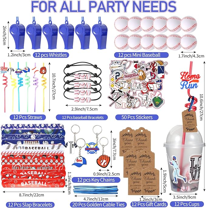 LiYiQ 158 Pcs Baseball Party Favors Baseball Party Supplies With Cup Straw Stress Ball Keychain Sticker Slaps Bracelets Whistle Thank You Tags For Baseball Birthday Decorations (Baseball)
