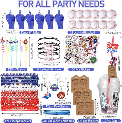 LiYiQ 158 Pcs Baseball Party Favors Baseball Party Supplies With Cup Straw Stress Ball Keychain Sticker Slaps Bracelets Whistle Thank You Tags For Baseball Birthday Decorations (Baseball)