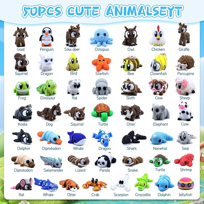 50 Pcs Mini 3D Printed Animals Figurines Set, 3D Printed Toys for Kids, Easter Basket Stuffers for Boys and Girls, School Classroom Prizes, Party Favors, Flexible Articulated Fidget Toys