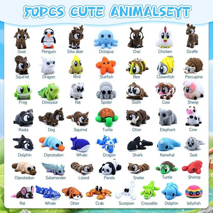 50 Pcs Mini 3D Printed Animals Figurines Set, 3D Printed Toys for Kids, Easter Basket Stuffers for Boys and Girls, School Classroom Prizes, Party Favors, Flexible Articulated Fidget Toys